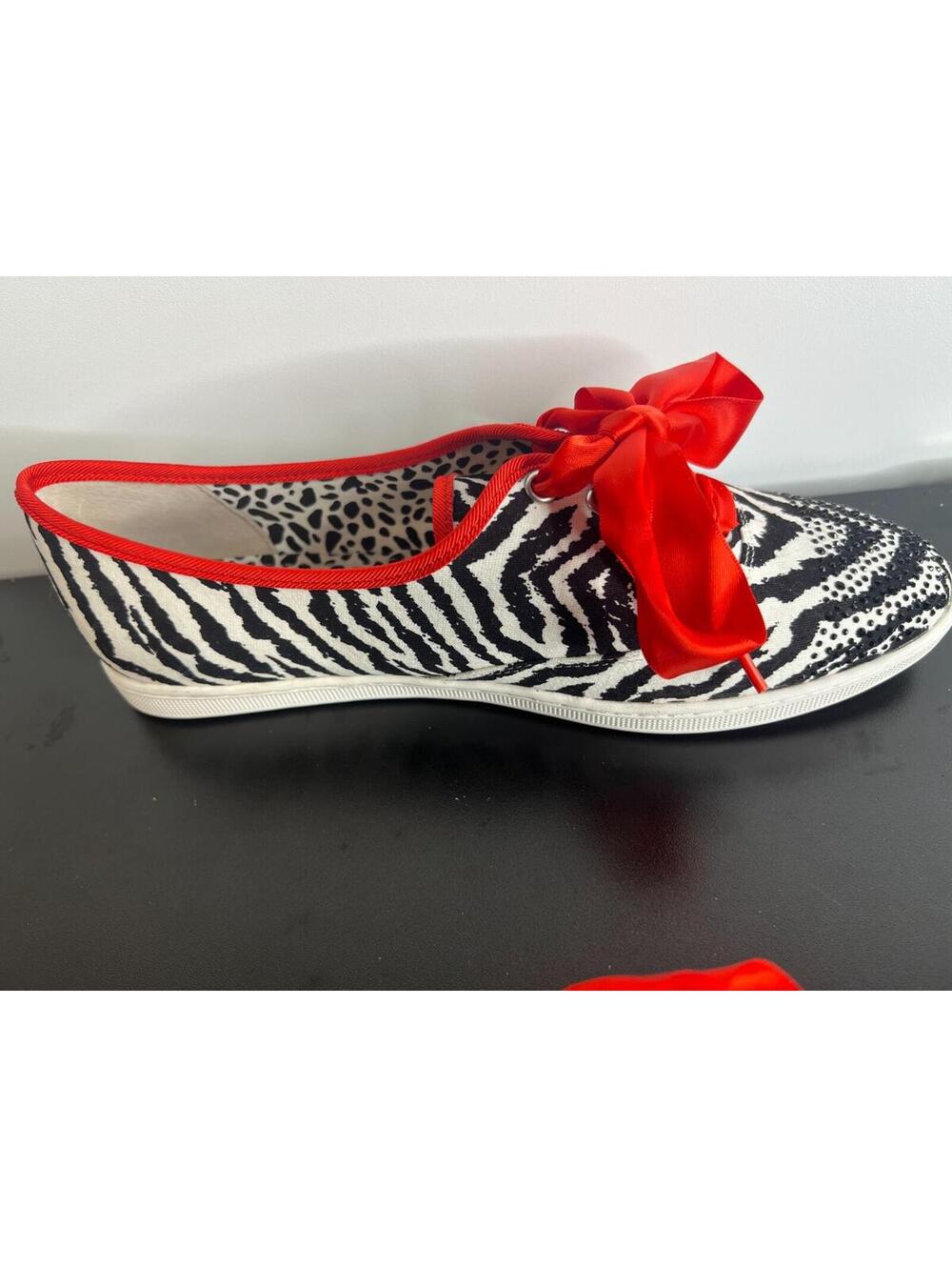 J Renee Zebra Print Sneakers 9Wide  Rhinestone Toe Red Ribbon Lace Fashion Shoes - Picture 6 of 15